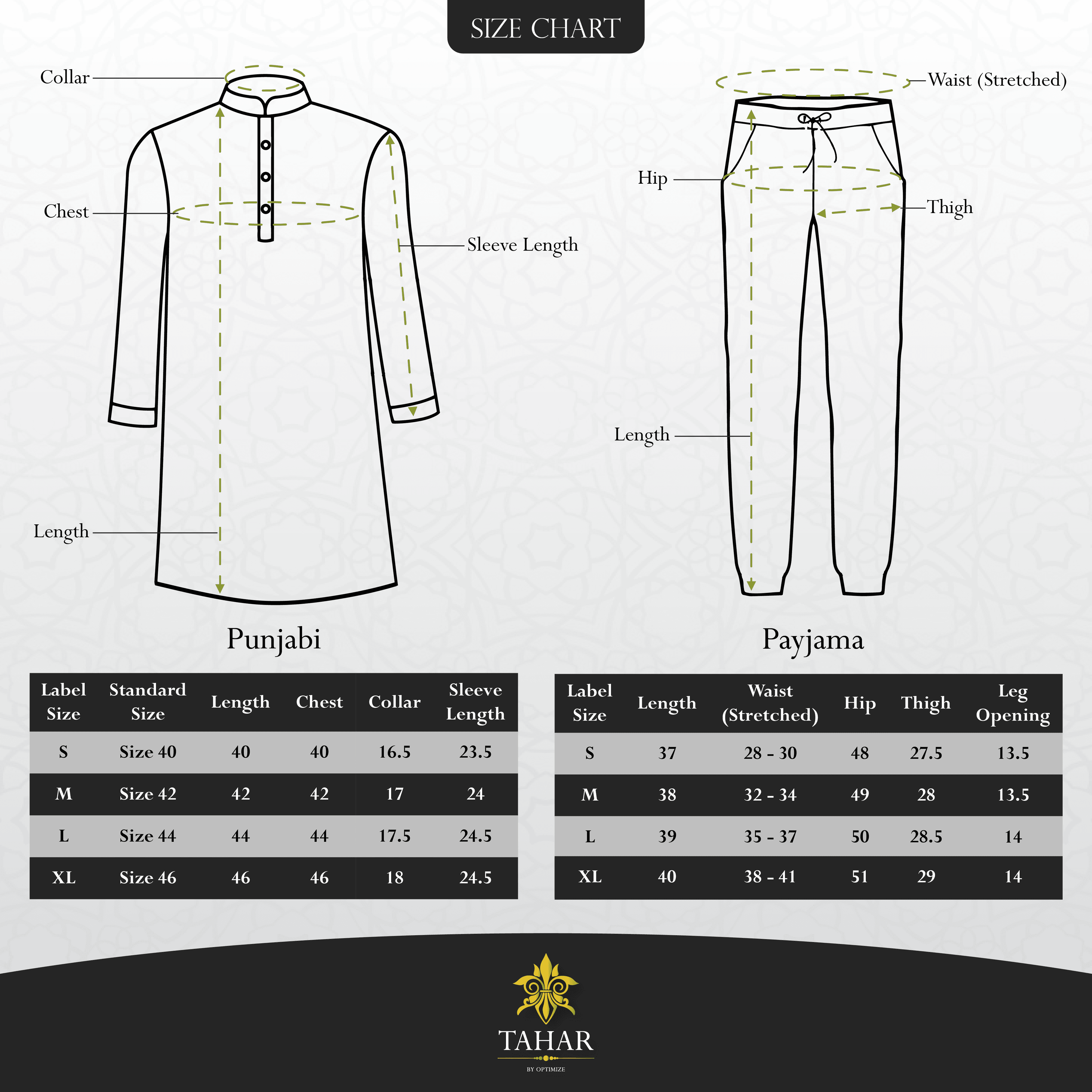TAHAR size guide chart for Panjabi and Payjama measurements